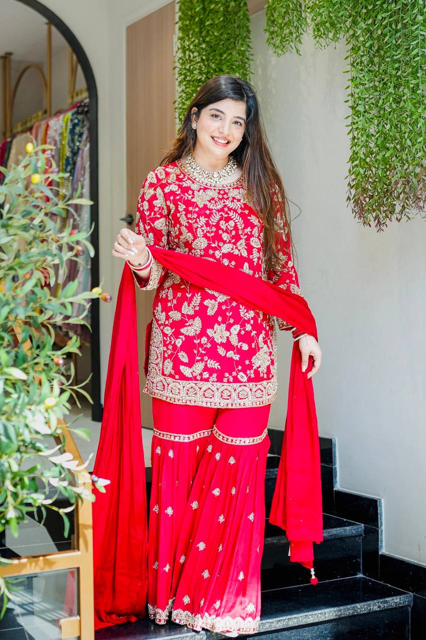 Red Designer Faux Georgette Palazzo Suit and Dupatta For Party Wear