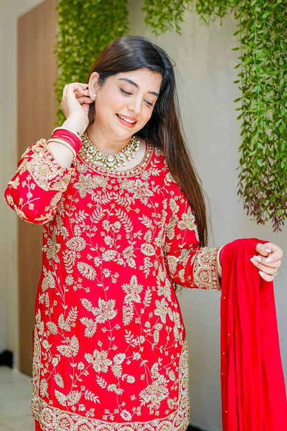 Red Designer Faux Georgette Palazzo Suit and Dupatta For Party Wear