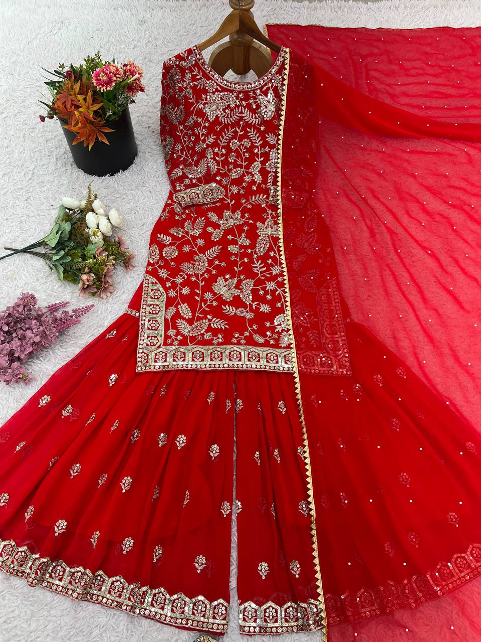 Red Designer Faux Georgette Palazzo Suit and Dupatta For Party Wear