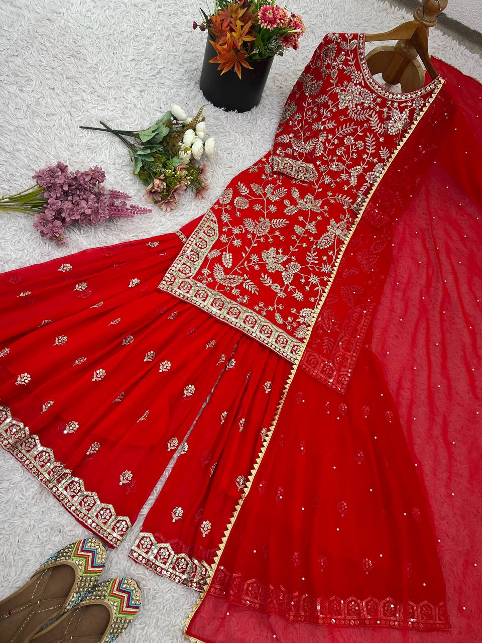 Red Designer Faux Georgette Palazzo Suit and Dupatta For Party Wear