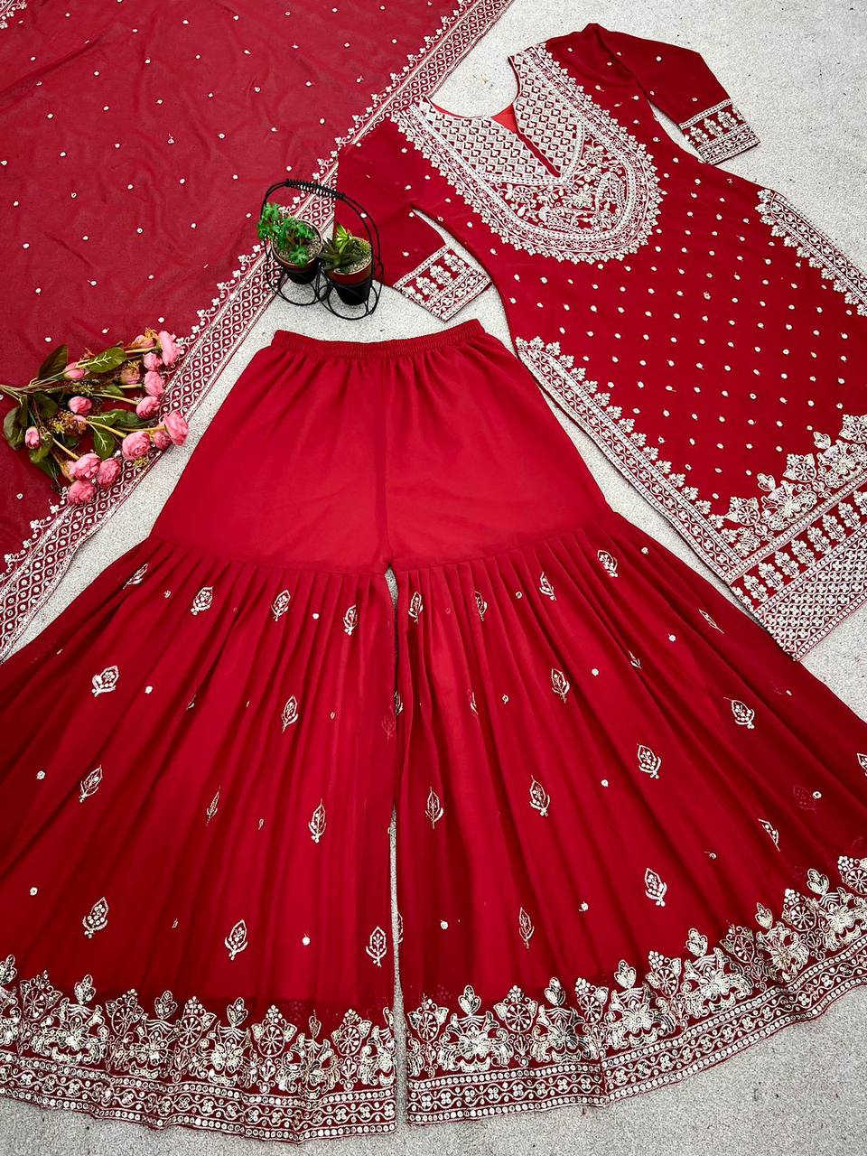 Red Designer Faux Georgette Top Gharara & Dupatta For Party Wear