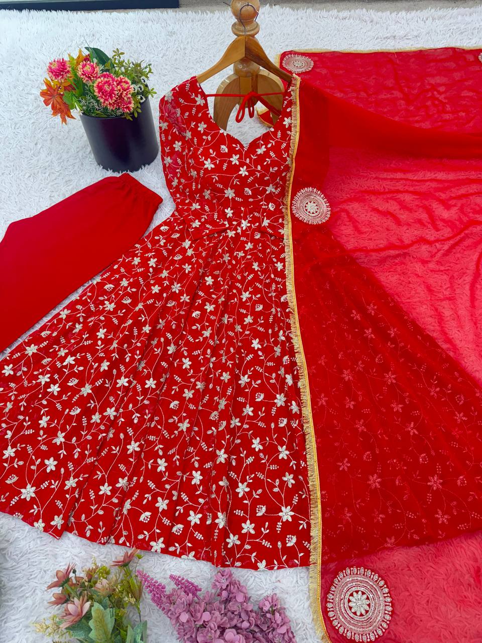 Red Designer Heavy Blooming Georgette Anarkali Gown and Dupatta & Pant