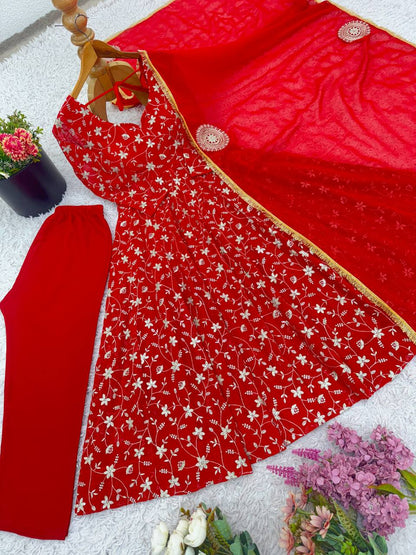 Red Designer Heavy Blooming Georgette Anarkali Gown and Dupatta & Pant