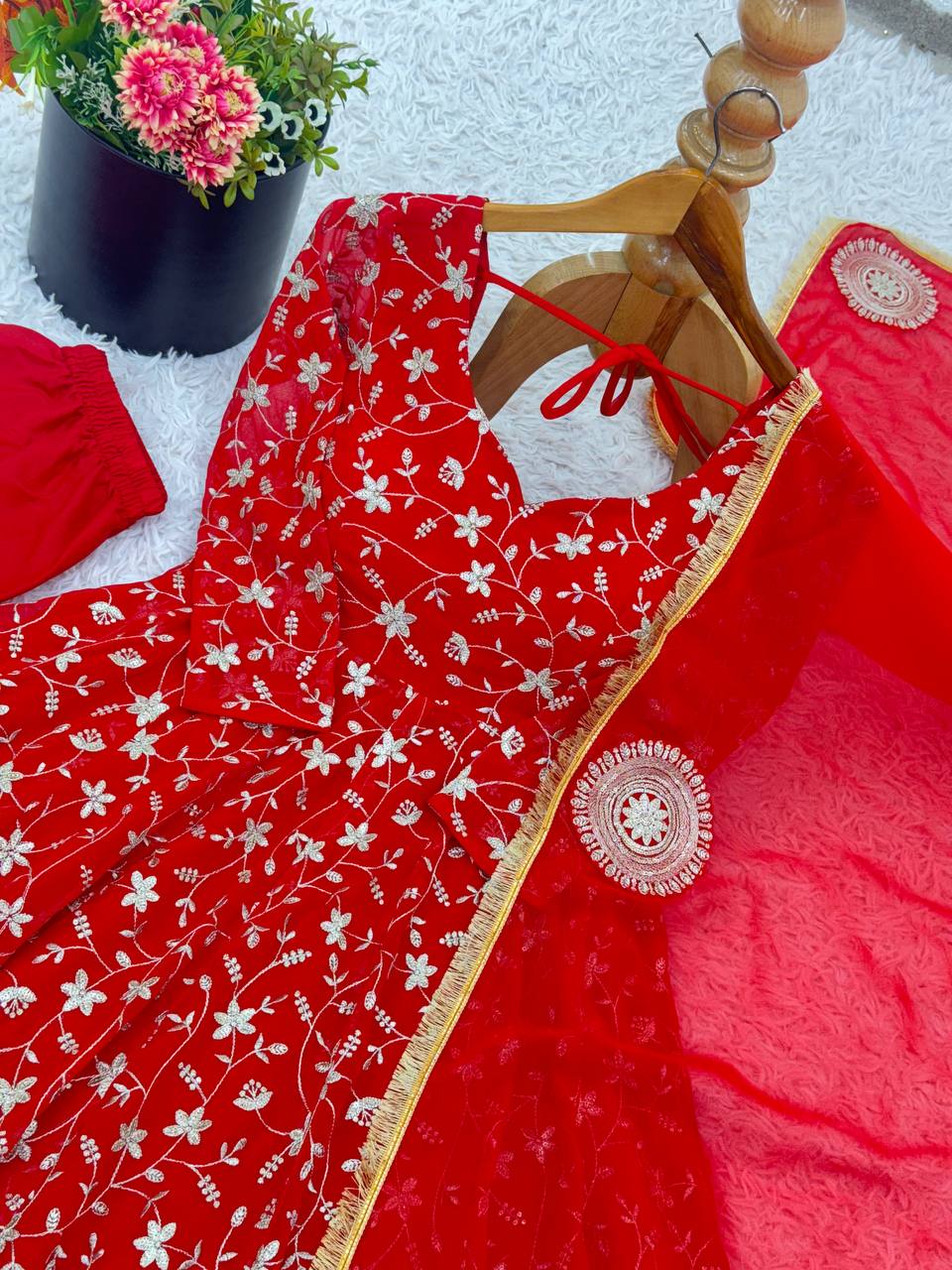 Red Designer Heavy Blooming Georgette Anarkali Gown and Dupatta & Pant