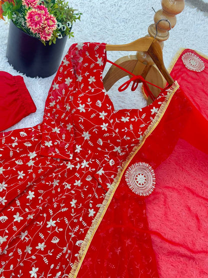 Red Designer Heavy Blooming Georgette Anarkali Gown and Dupatta & Pant