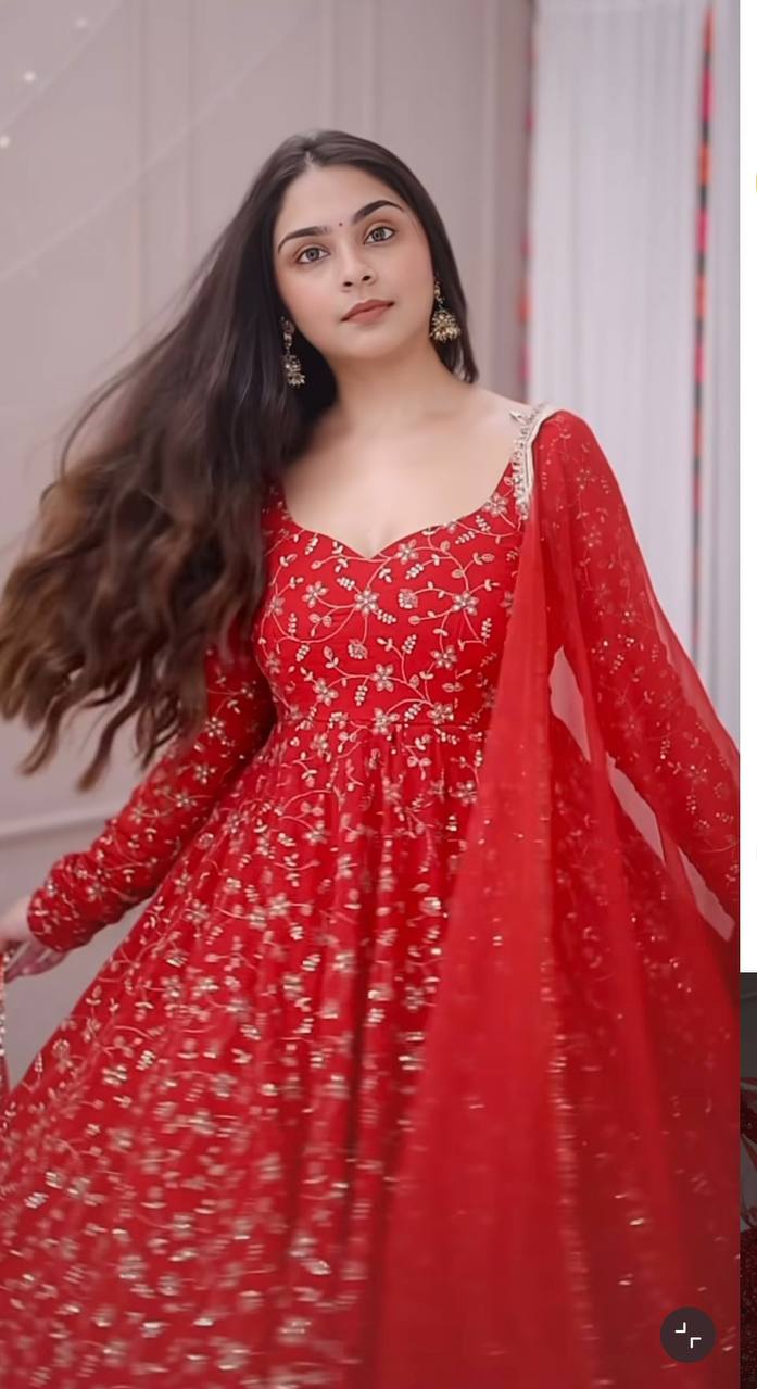 Red Designer Heavy Blooming Georgette Anarkali Gown and Dupatta & Pant