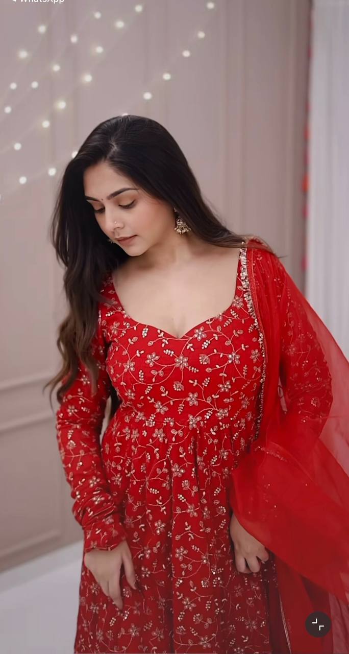 Red Designer Heavy Blooming Georgette Anarkali Gown and Dupatta & Pant