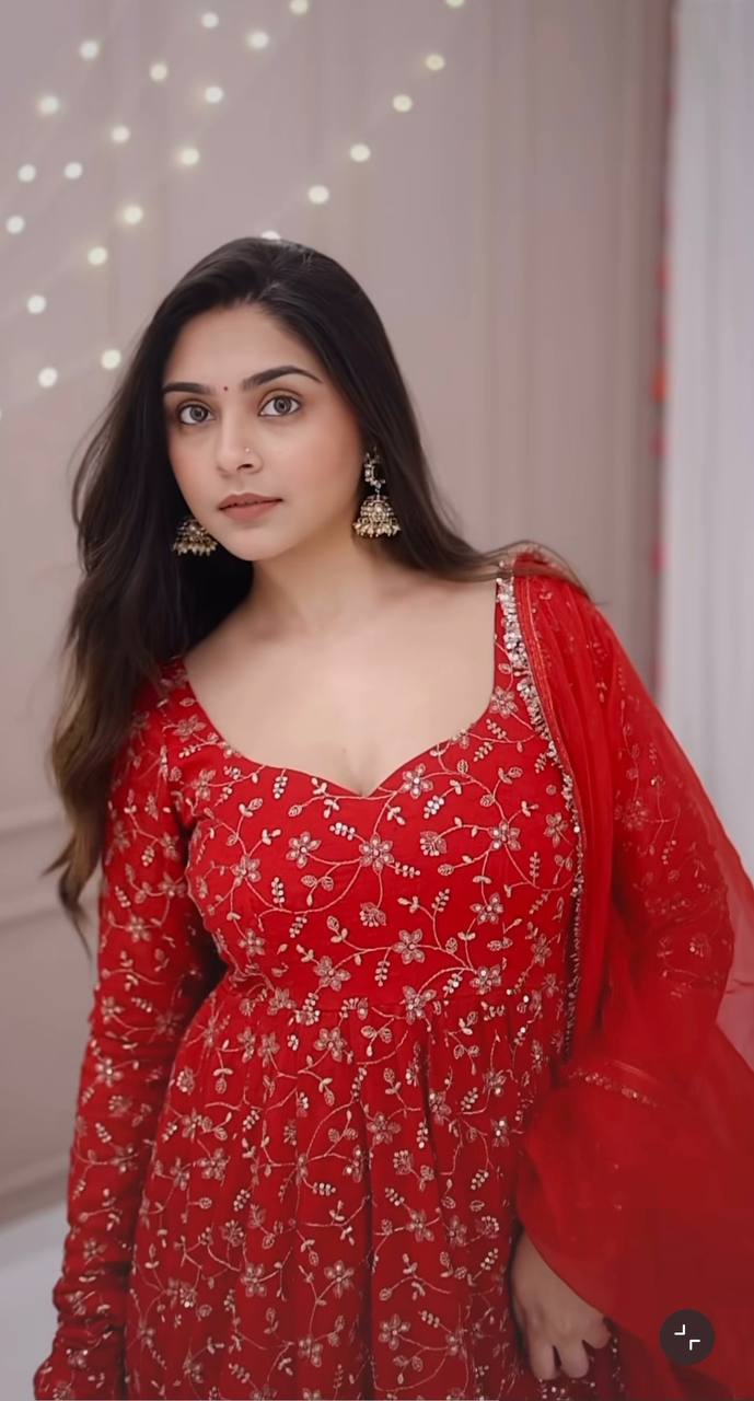 Red Designer Heavy Blooming Georgette Anarkali Gown and Dupatta & Pant