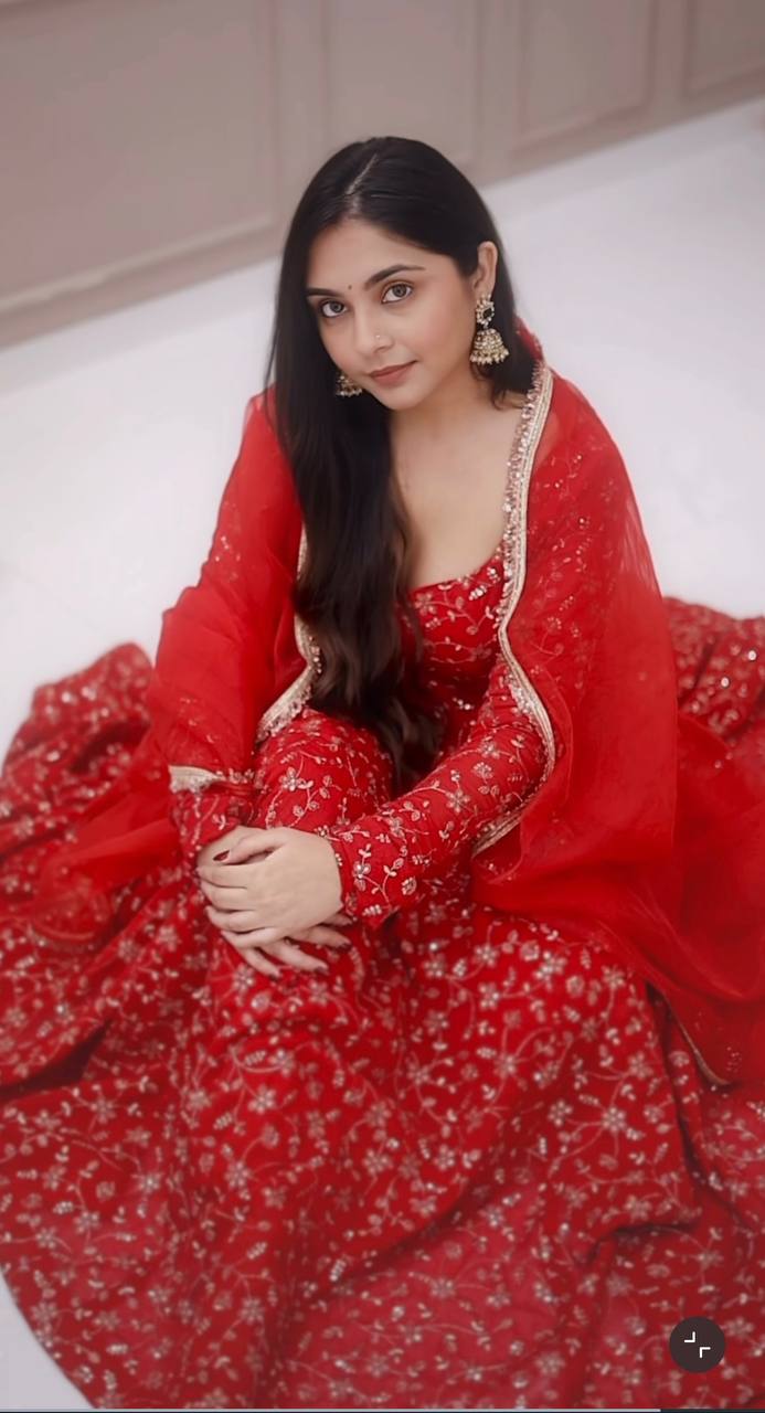 Red Designer Heavy Blooming Georgette Anarkali Gown and Dupatta & Pant