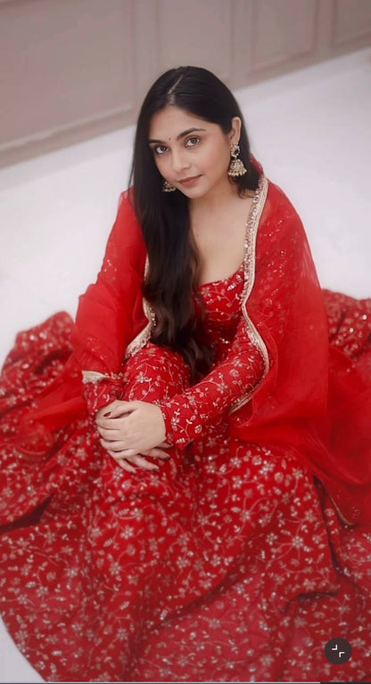 Red Designer Heavy Blooming Georgette Anarkali Gown and Dupatta & Pant
