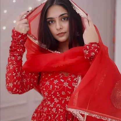 Red Designer Heavy Blooming Georgette Anarkali Gown and Dupatta & Pant