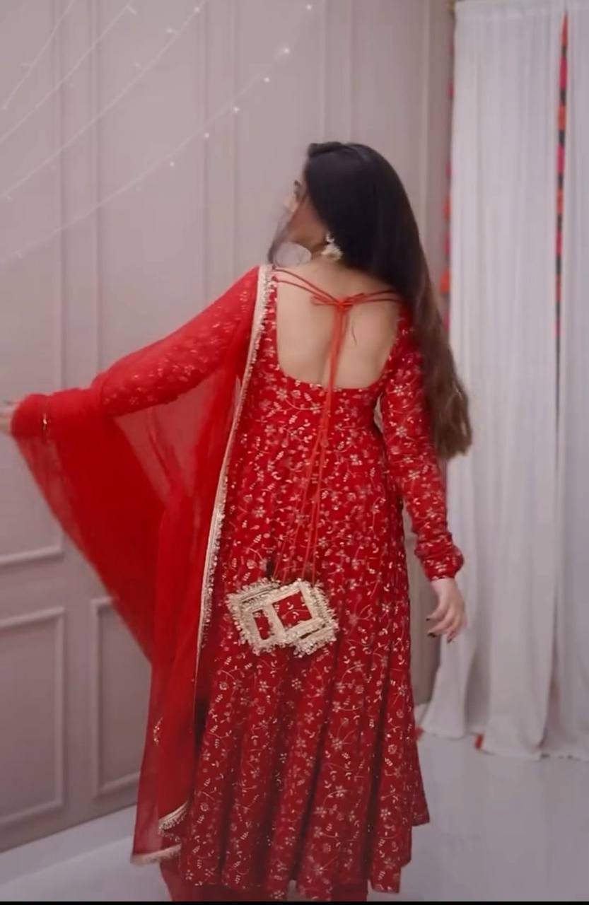 Red Designer Heavy Blooming Georgette Anarkali Gown and Dupatta & Pant
