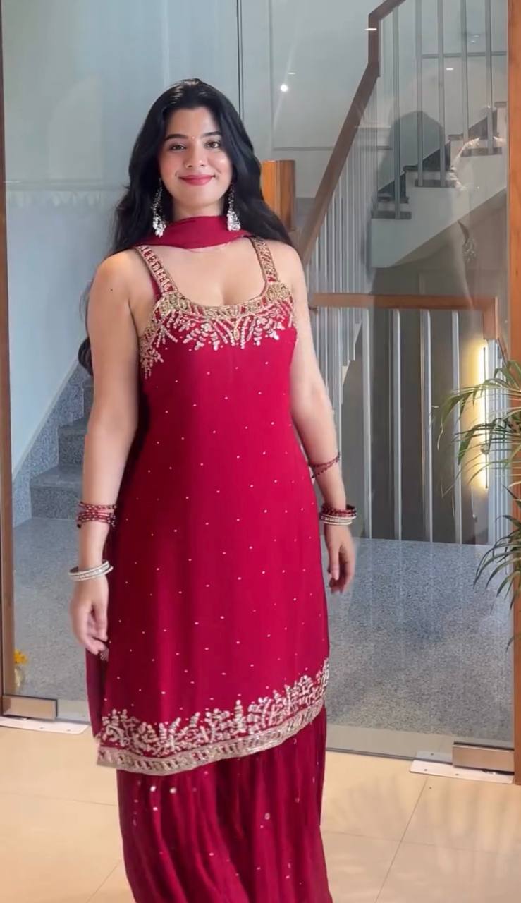 Red Designer Heavy Faux Georgette Plazzo Top and Dupatta For Party Wear