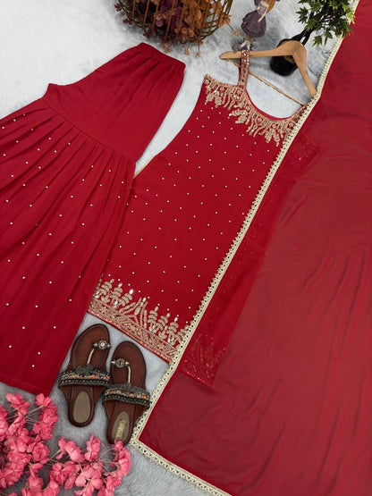 Red Designer Heavy Faux Georgette Plazzo Top and Dupatta For Party Wear