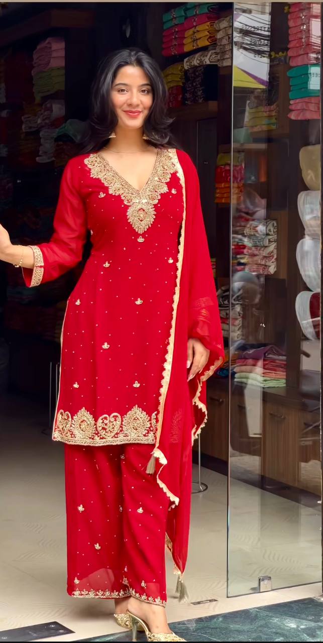 Red Designer Heavy Faux Georgette Plazzo Top and Matching Dupatta