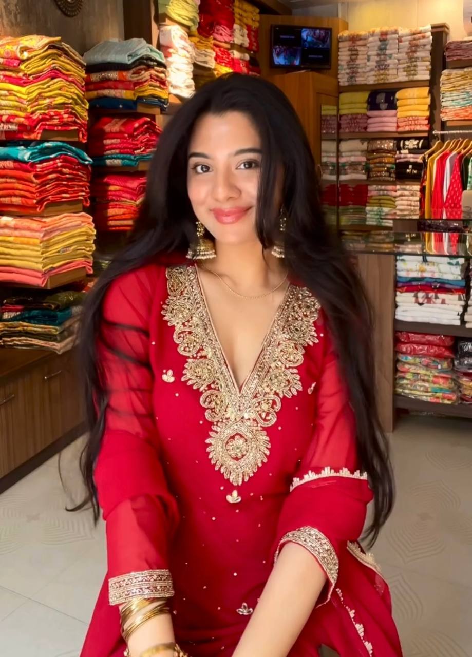 Red Designer Heavy Faux Georgette Plazzo Top and Matching Dupatta