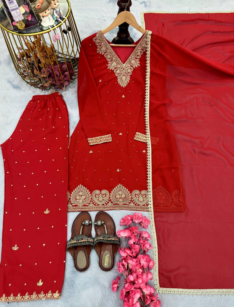Red Designer Heavy Faux Georgette Plazzo Top and Matching Dupatta