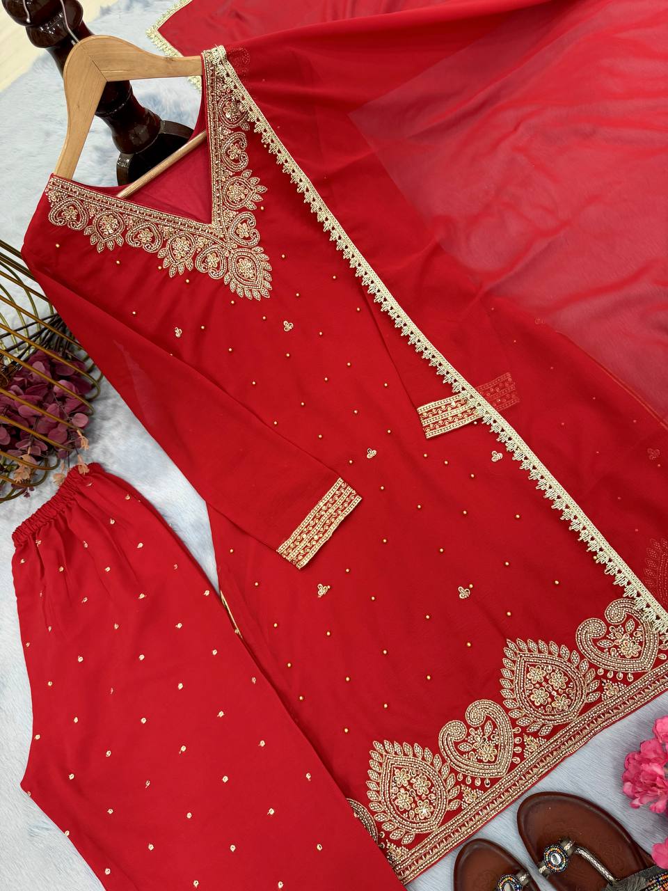 Red Designer Heavy Faux Georgette Plazzo Top and Matching Dupatta
