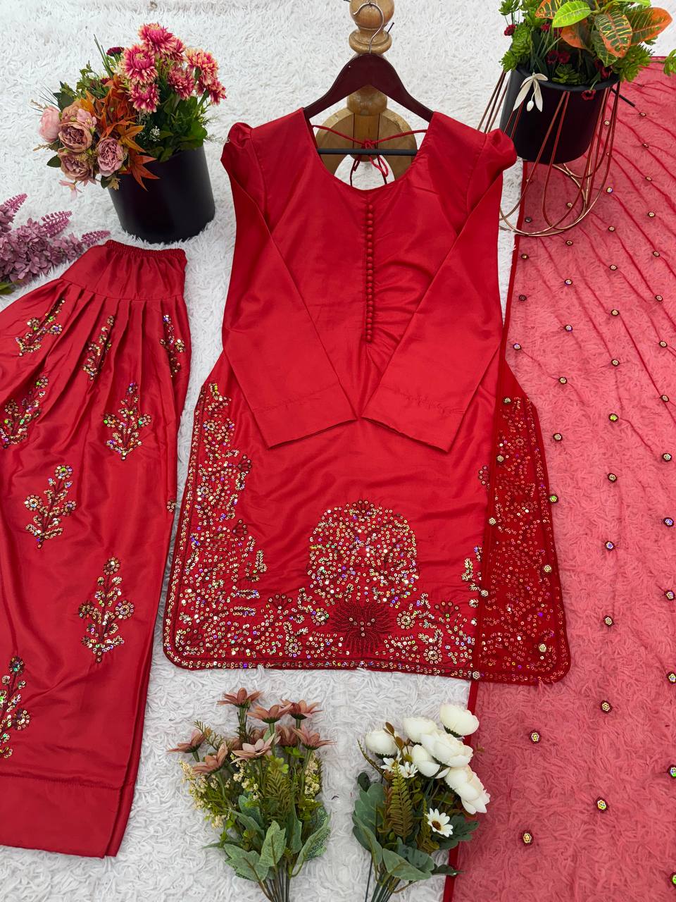Red Designer Natural Crepe Silk Embroidery Farshi Pant and Dupatta
