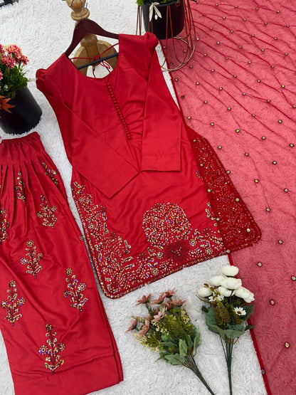 Red Designer Natural Crepe Silk Embroidery Farshi Pant and Dupatta