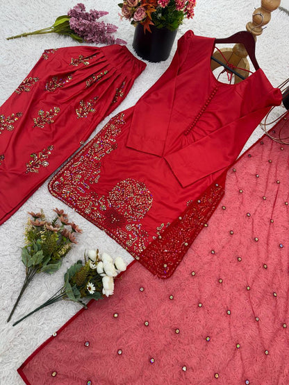 Red Designer Natural Crepe Silk Embroidery Farshi Pant and Dupatta