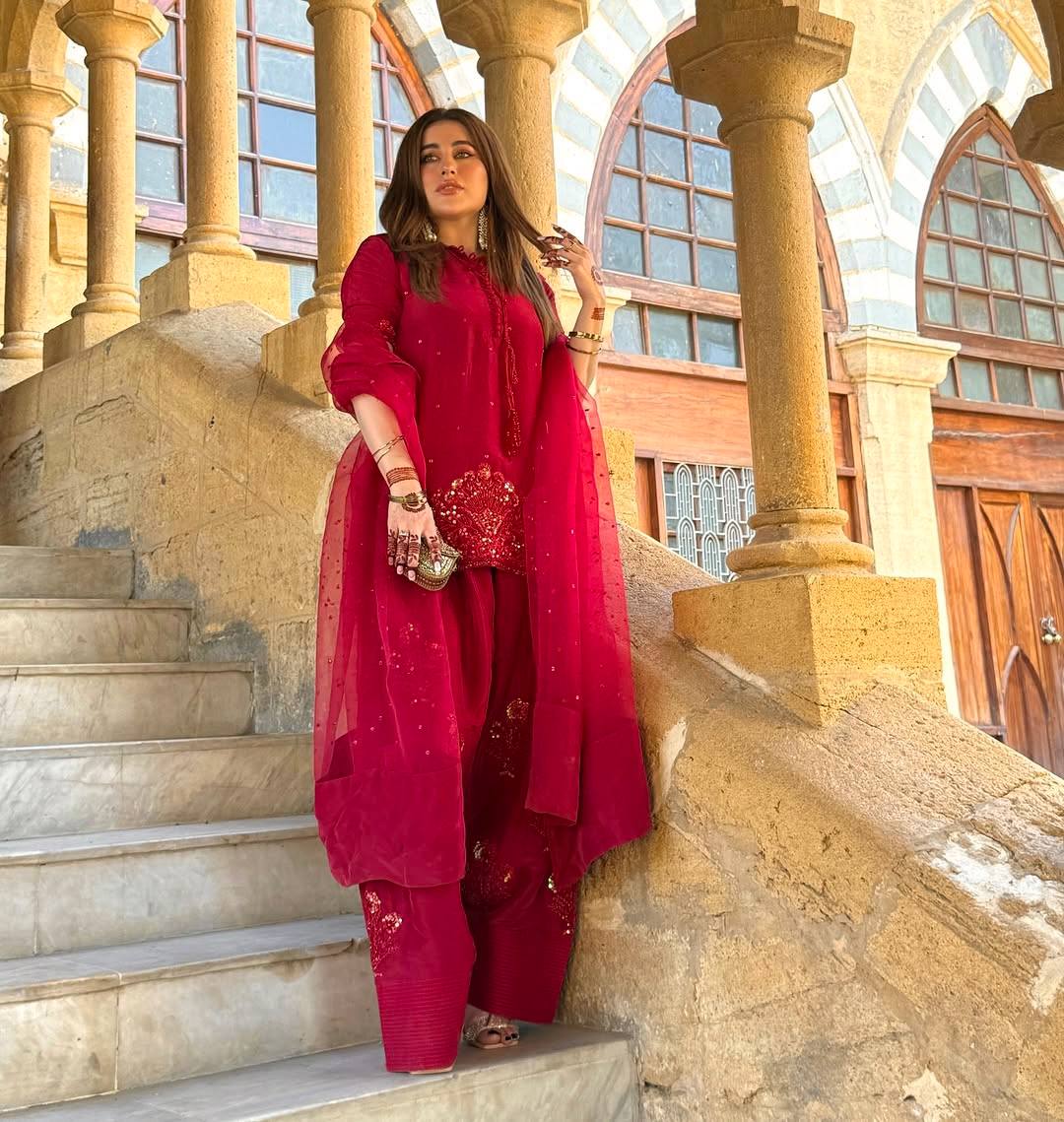 Red Designer Natural Crepe Silk Embroidery Farshi Pant and Dupatta