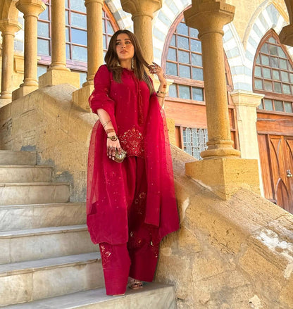 Red Designer Natural Crepe Silk Embroidery Farshi Pant and Dupatta