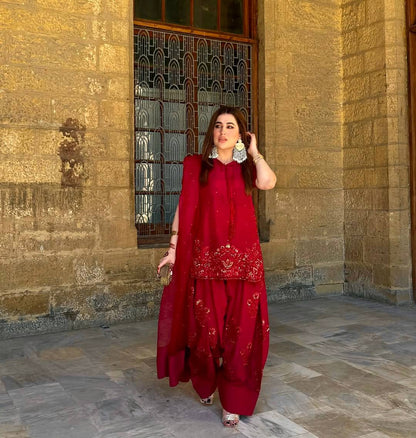 Red Designer Natural Crepe Silk Embroidery Farshi Pant and Dupatta