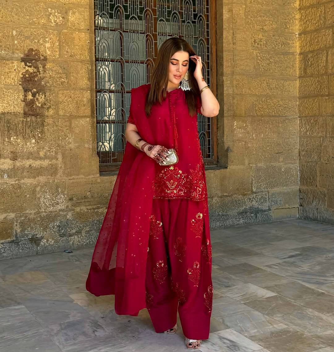 Red Designer Natural Crepe Silk Embroidery Farshi Pant and Dupatta
