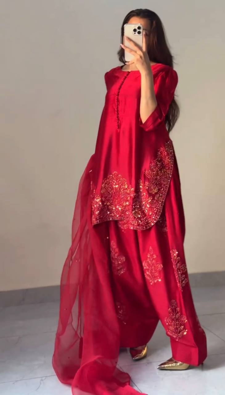 Red Designer Natural Crepe Silk Embroidery Farshi Pant and Dupatta