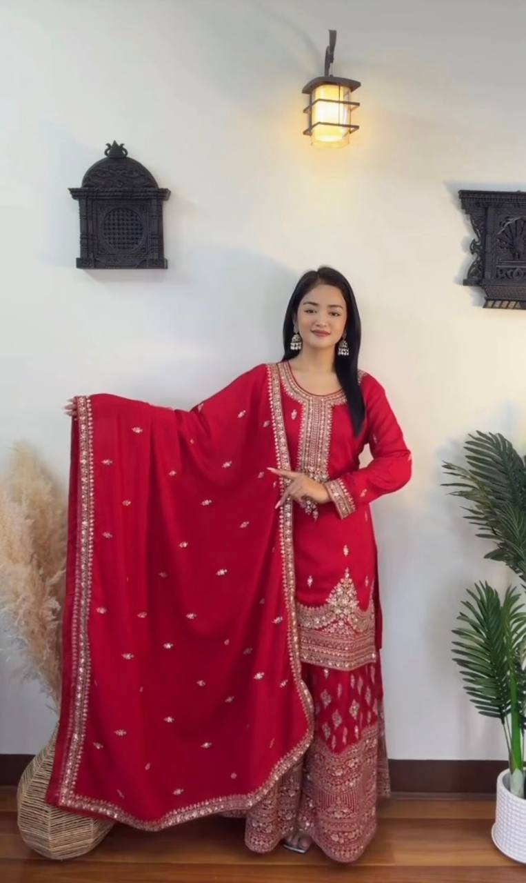 Red Designer Pure Chinon Silk Plazzo Top and Dupatta For Party Wear