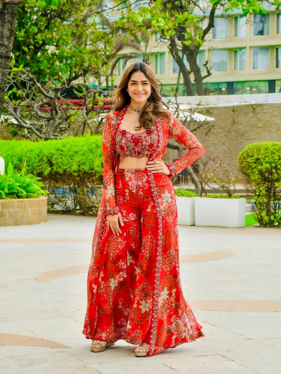 Red Designer Tibby Silk Shrug Sharara Set with Embroidery Work