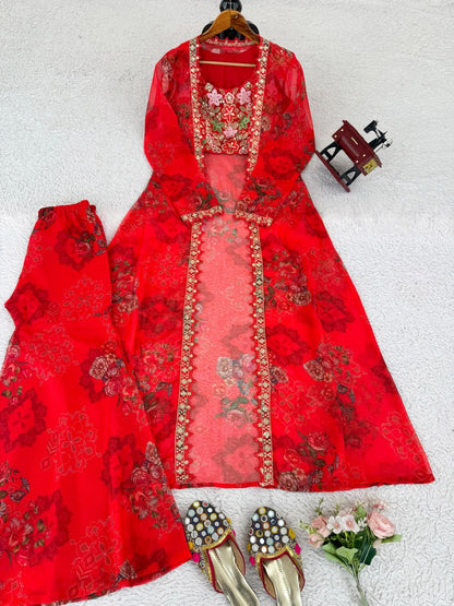 Red Designer Tibby Silk Shrug Sharara Set with Embroidery Work