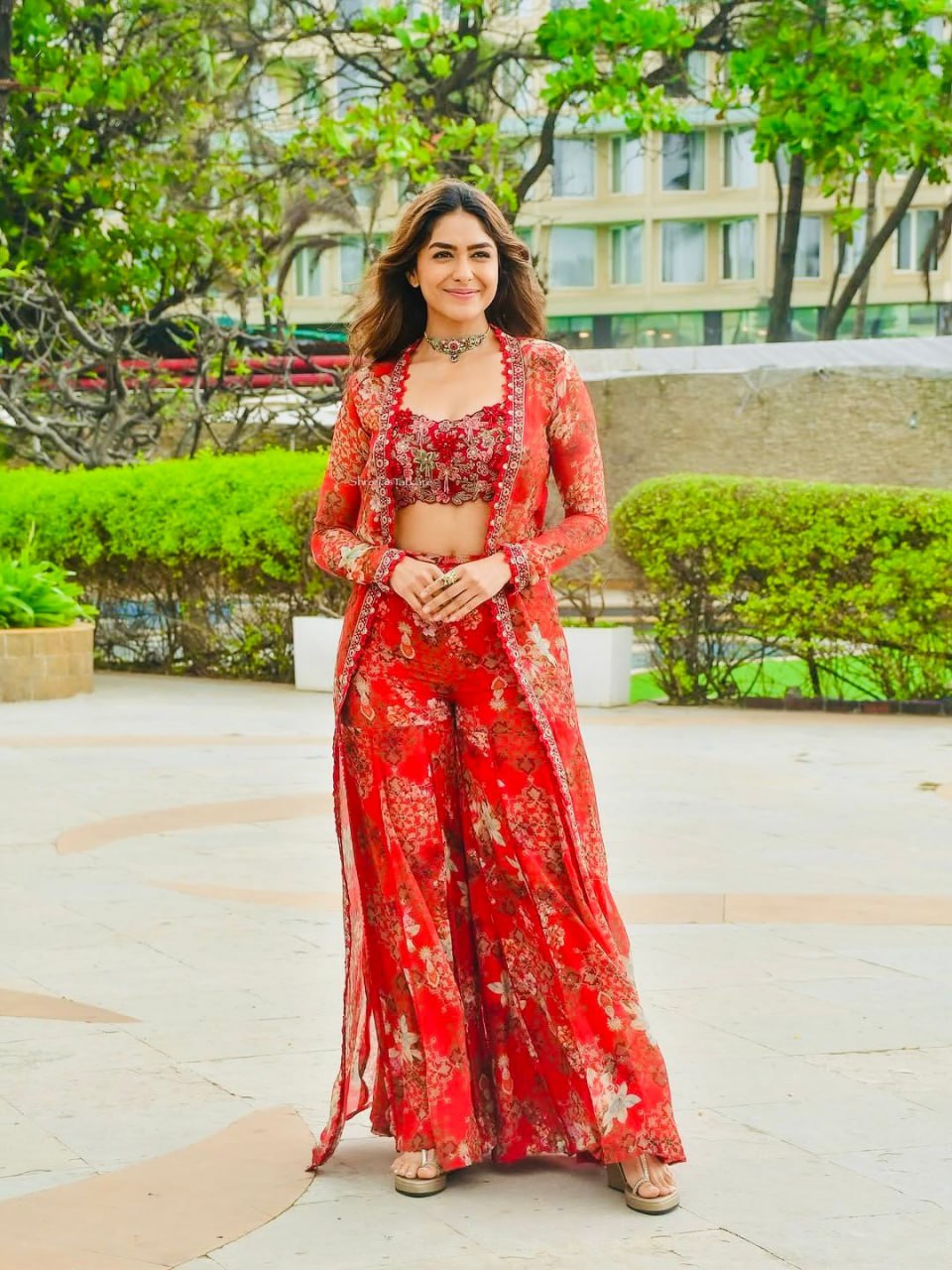 Red Designer Tibby Silk Shrug Sharara Set with Embroidery Work