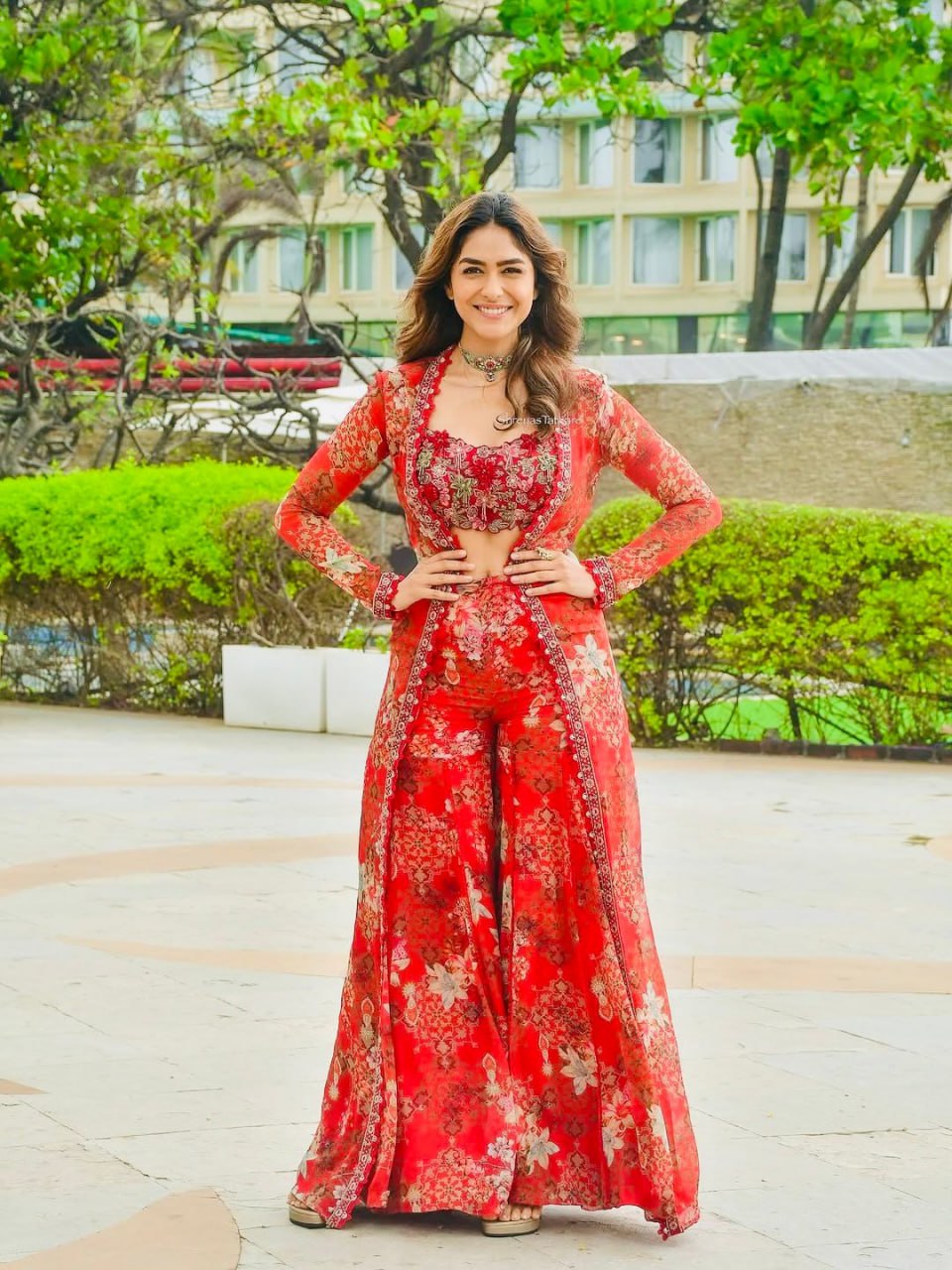 Red Designer Tibby Silk Shrug Sharara Set with Embroidery Work