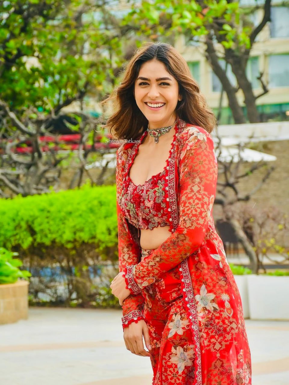 Red Designer Tibby Silk Shrug Sharara Set with Embroidery Work