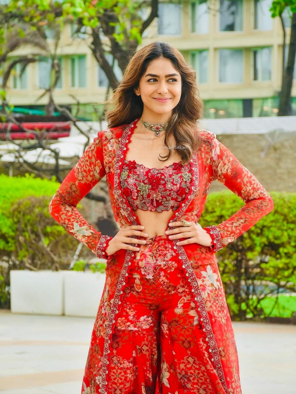 Red Designer Tibby Silk Shrug Sharara Set with Embroidery Work