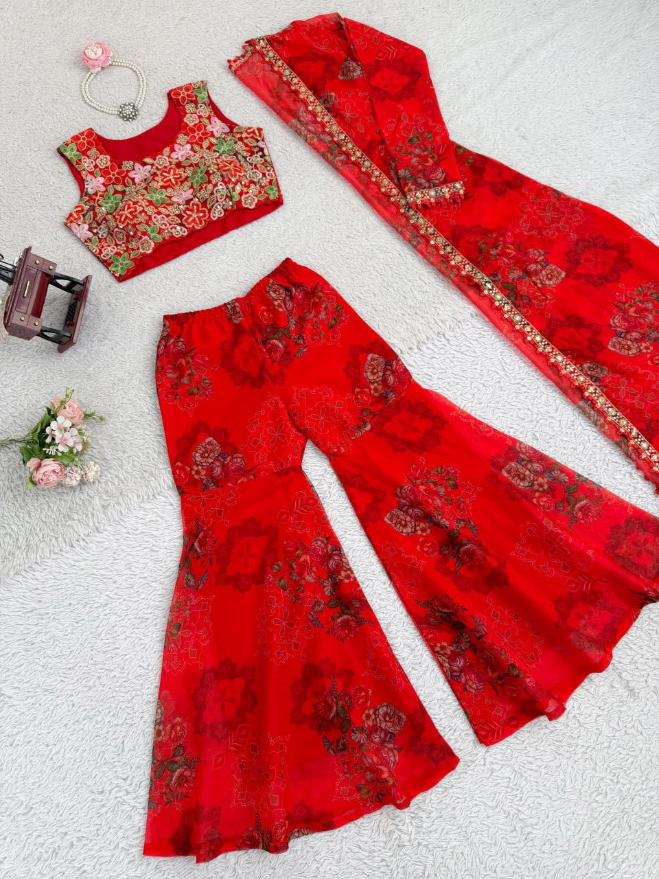 Red Designer Tibby Silk Shrug Sharara Set with Embroidery Work