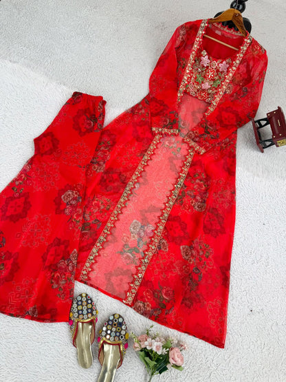 Red Designer Tibby Silk Shrug Sharara Set with Embroidery Work