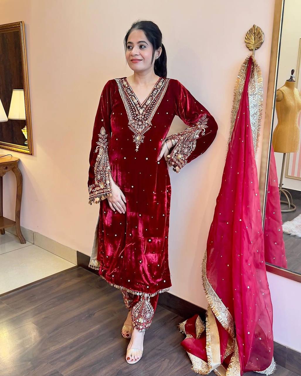 Red Designer Viscose Velvet Plazzo Top and Dupatta For Party Wear