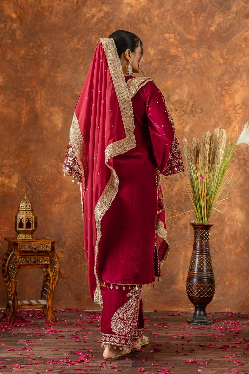Red Designer Viscose Velvet Plazzo Top and Dupatta For Party Wear