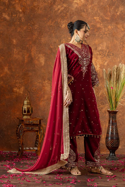 Red Designer Viscose Velvet Plazzo Top and Dupatta For Party Wear