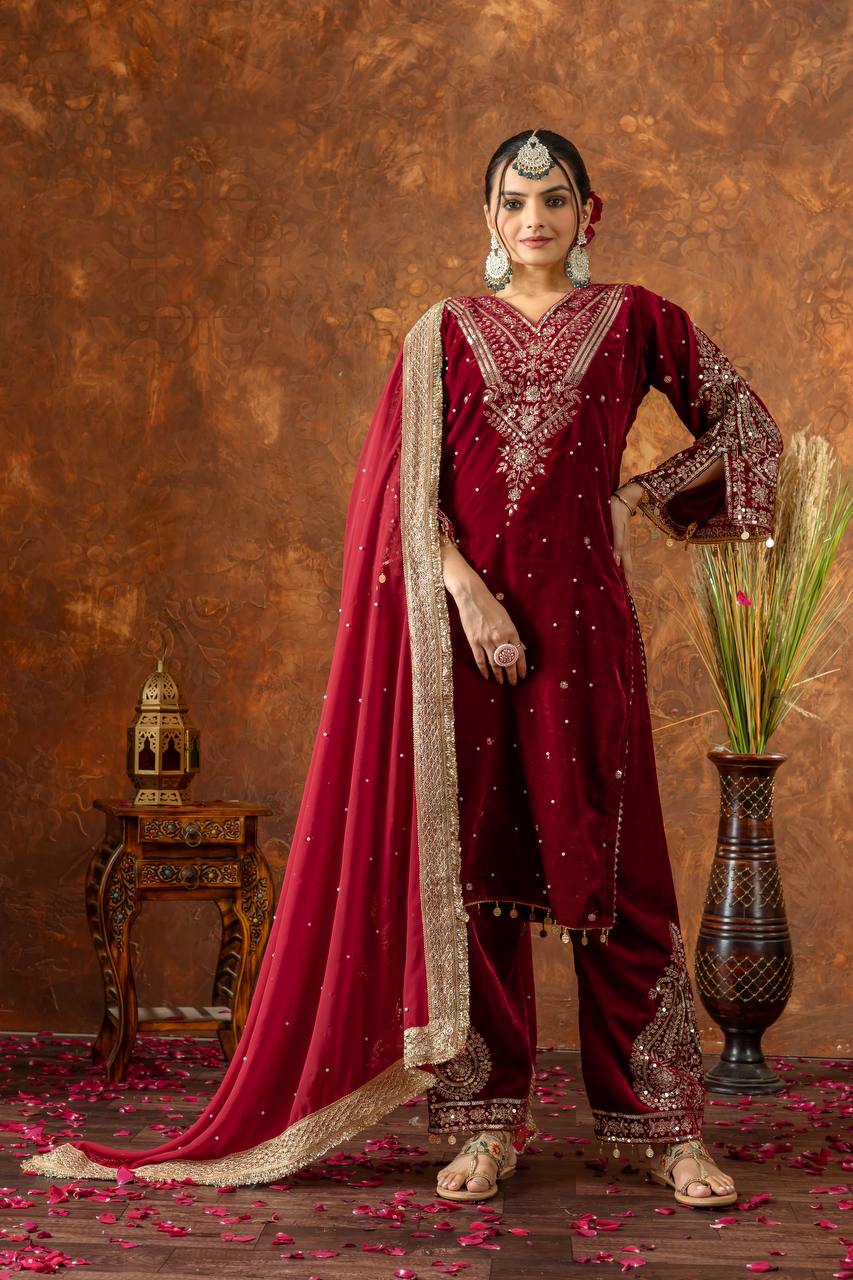 Red Designer Viscose Velvet Plazzo Top and Dupatta For Party Wear