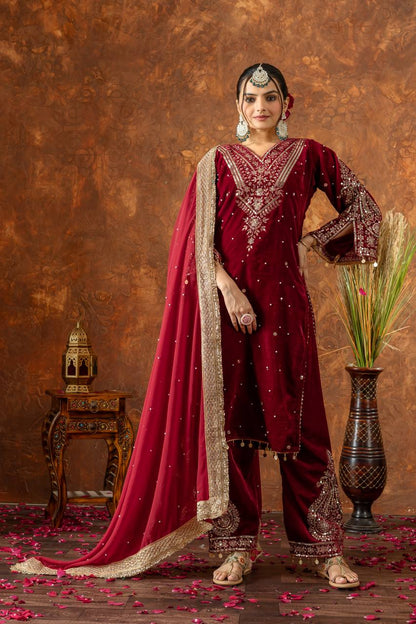 Red Designer Viscose Velvet Plazzo Top and Dupatta For Party Wear