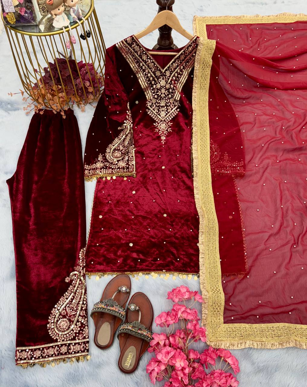 Red Designer Viscose Velvet Plazzo Top and Dupatta For Party Wear