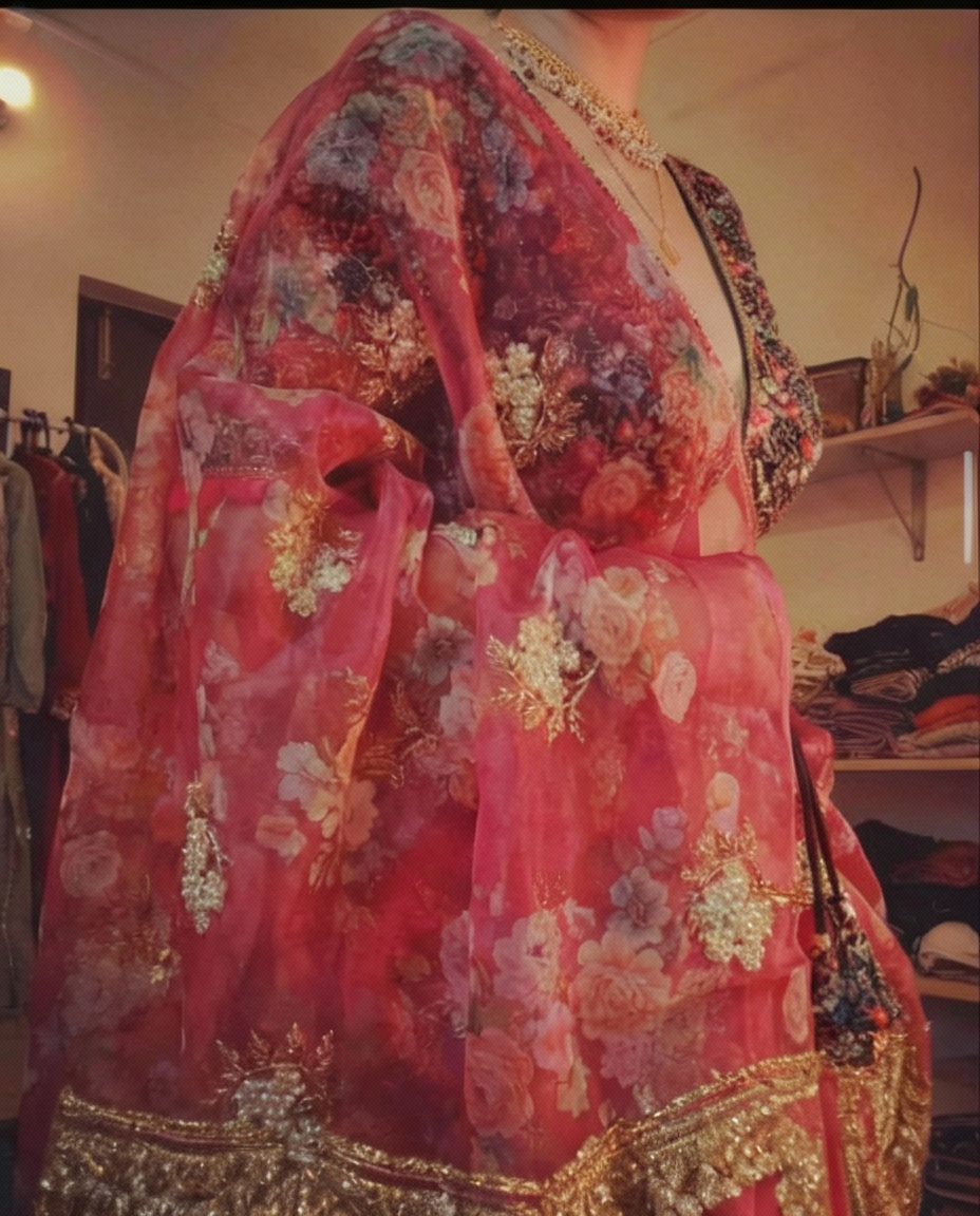 Red Digital Print Organza Saree with Golden Zari Embroidery Blouse