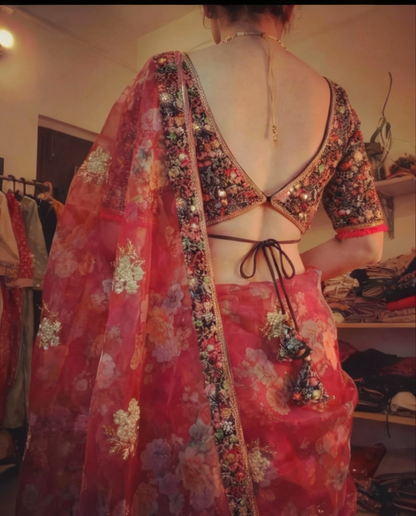Red Digital Print Organza Saree with Golden Zari Embroidery Blouse