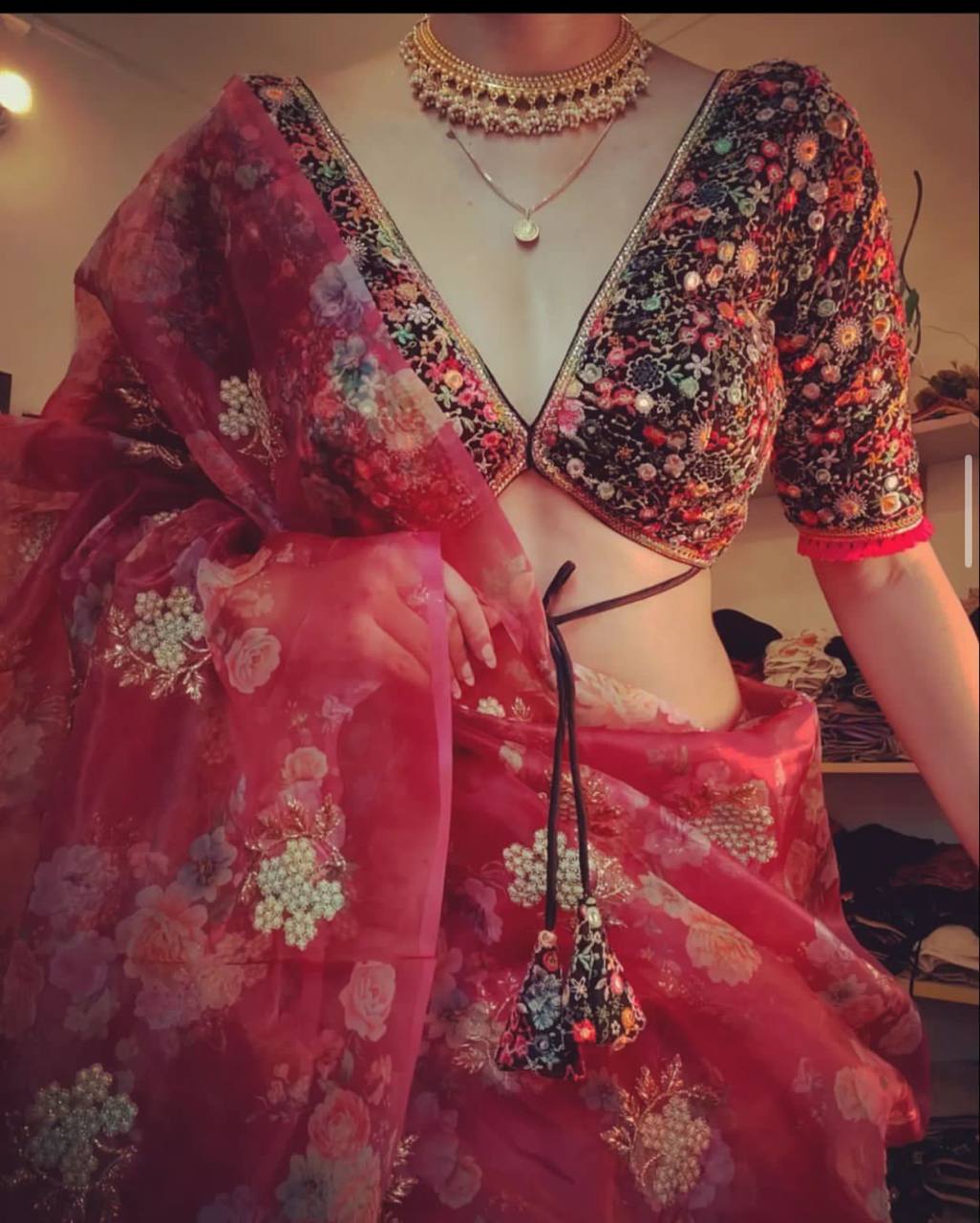 Red Digital Print Organza Saree with Golden Zari Embroidery Blouse