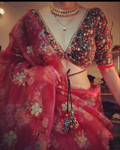 Red Digital Print Organza Saree with Golden Zari Embroidery Blouse