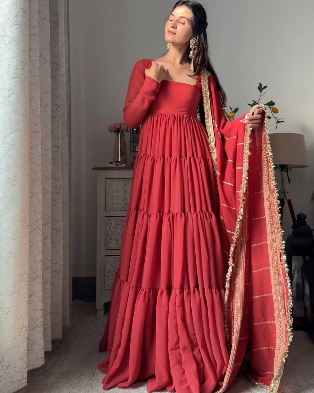 Red Faux Georgette Ruffle Anarkali Set with Sequin Thread Work Dupatta
